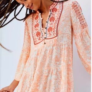 Anthropologie Peach and Red Embroidered Top